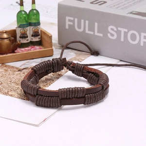 Adjustable brown braided leather bracelet with retro woven wax rope for men