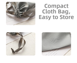 Detail of grey satin drawstring bag with silk ribbon closure and soft pearl texture