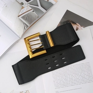 Vintage wide elastic waist belt for women with golden square buckle and black litchi leather