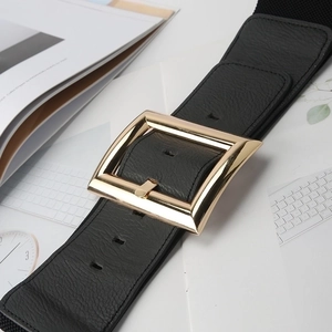 Chic black wide elastic waist belt with a textured faux leather gold square buckle