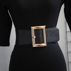 Women Wide Corset Belt Faux Leather Elastic Waist Cinch Square Alloy Pin Buckle Retro Modern For Dress Coat