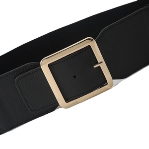 Women's wide elastic waist belt with black leather finish and a large golden square buckle