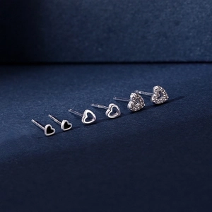Three pairs of S925 sterling silver heart stud earrings with black oil and zircon stones