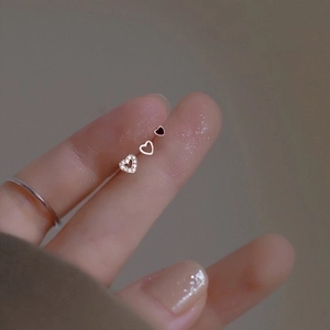 Heart Stud Earrings S999 Fine Silver Sparkling Zircon Black Enamel Smooth Polish Anti Allergy Minimalist Jewelry Women