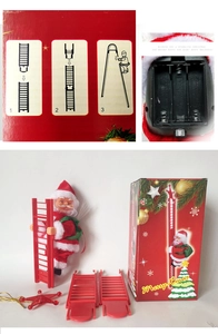 Detail of Christmas Santa climbing ladder toy showing battery compartment and packaging