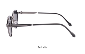 Macro side view of gunmetal polygonal frames with sleek metallic temples and black tips