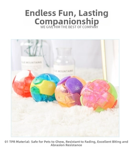 Close-up of four colorful TPR pet toy balls on a soft white rug for dog and cat play
