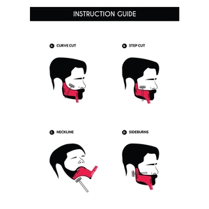 Instruction guide for red beard shaping tool showing curve, step, neckline, and sideburn cuts
