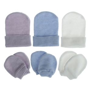 Flat lay of newborn baby cotton hats and mittens set with striped and white patterns