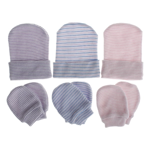 Three-set pack of striped newborn baby hats and anti-scratch mittens in soft cotton fabric