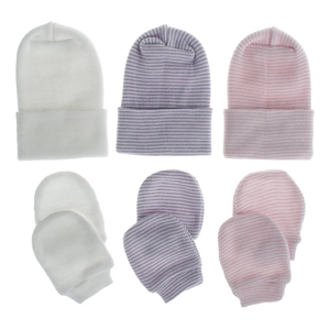 Detail of double-layer thickened newborn baby striped hat and knitted gloves set