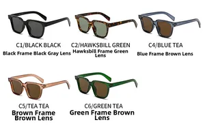 Flat lay display of fashion square sunglasses in various colors like black, tortoise, and blue