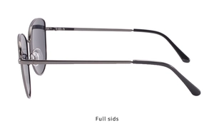 Vue latérale de lunettes aviateur en métal gris avec verres foncés et monture fine