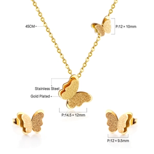 Détails de la parure papillon en acier plaqué or 18 carats avec dimensions précises
