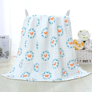 Close-up of soft cotton gauze baby blanket with cute fox and wolf animal prints