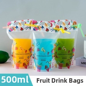 Close-up of 500ml transparent juice pouches with heart-shaped handles and fruit prints