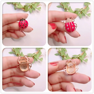 Detailed close-up showing enamel ladybug brooch with red shell and crystal inlay work