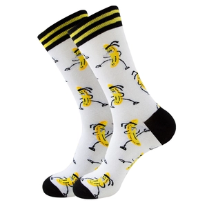 Funny banana pattern white mid-calf cotton socks with stylish black stripes for men