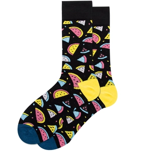 Detail of cotton crew socks featuring colorful watermelon prints and ribbed knit cuffs