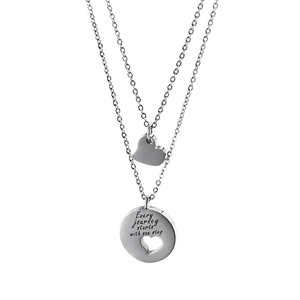 Stainless Steel Double Layer Necklace With Heart And Round Pendant Every Journey Starts With One Step Jewelry For Women