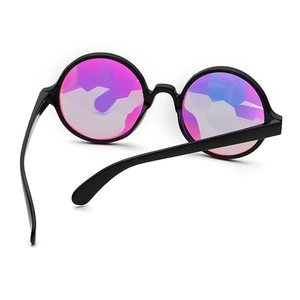 Kaleidoscope glasses with black round frames and multi-faceted colorful lenses for festivals