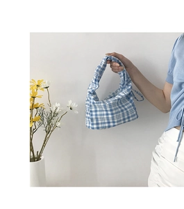 Gros plan du sac baguette à carreaux bleus et blancs tenu par un mannequin en scène