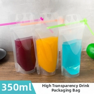 Clear stand-up drink pouch with handle and colorful straws showing 350ml capacity