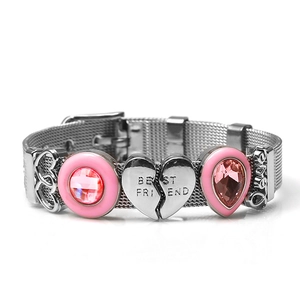Silbernes Edelstahl-Netzarmband mit rosa Strasssteinen und Herz-Best-Friend-Anhänger