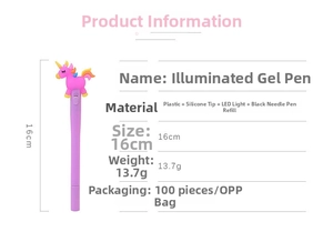 Luminous unicorn gel pen detail showing 16cm size, LED structure and technical specifications