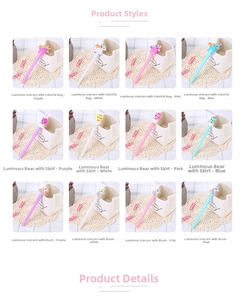 Selection of colorful cartoon light-up pens featuring unicorns and bears in four colors