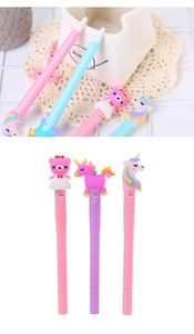 Detail of cute unicorn and bear pens with LED lights and cartoon silicone heads