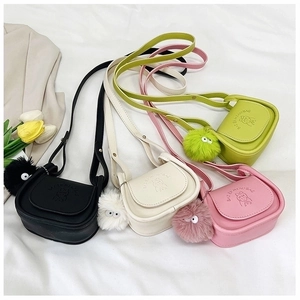 Mini PU Leather Crossbody Bag For Women Girls Cartoon Embossed Shoulder Pouch With Decorative Furry Ball Charm Tiny Purse