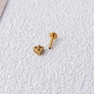 Internal thread gold heart labret stud in G23 titanium for cartilage and lip piercings