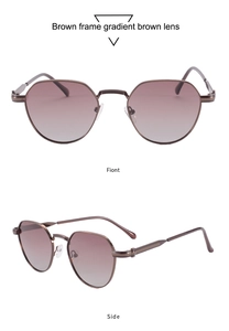 Front and side views of vintage polygonal metal sunglasses with gradient brown lenses