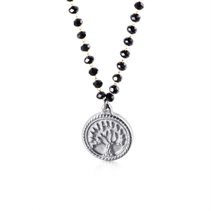 Tree of Life necklace with black faceted glass beads and silver engraved pendant