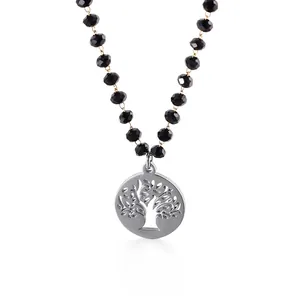 Tree Of Life Pendant Necklace Stainless Steel With Black Faceted Glass Beads Fashion Jewelry For Women Elegant Hollow