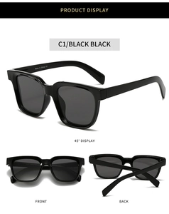 Three-way view of black square frame sunglasses with thick polished finish and C1 black lenses
