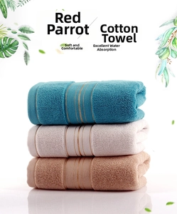 Detail of soft cotton towels in blue, white and khaki with plush loop texture
