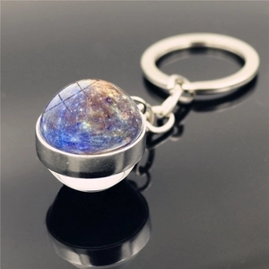 Solar system galaxy nebula glass dome keychain with polished silver metal ring
