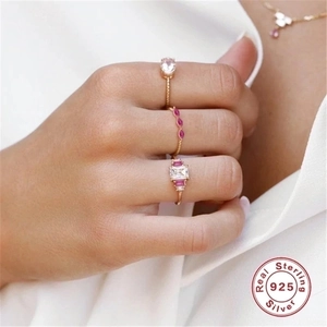 S925 sterling silver jewelry set featuring pink marquise rings and necklace in rose gold finish