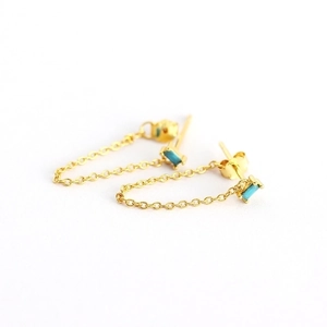 S925 silver tassel chain earrings in gold plating with green zircon rectangle stones