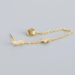 Elegant S925 sterling silver moon and star tassel earrings with gold finish and diamonds