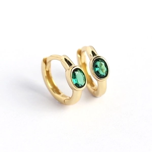 Minimalist gold S925 silver huggie earrings with oval green zircon inlays