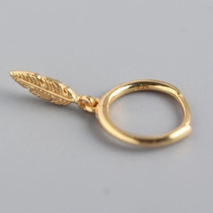Elegant 925 sterling silver feather drop hoop earrings with polished gold plating