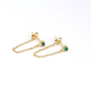 Elegant gold S925 silver chain earrings with a green gemstone and minimalist link design