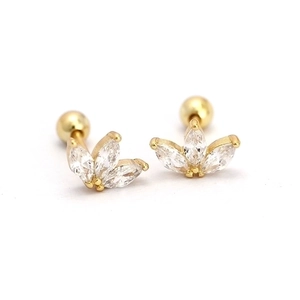 Elegant gold flower stud earrings with marquise zircon stones and secure screw backs