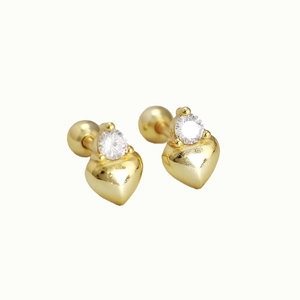 Golden 925 sterling silver heart stud earrings with round clear zirconia and screw backs