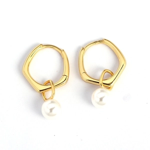 S925 silver irregular gold geometric hoop earrings with elegant white pearl pendants