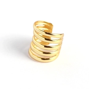 Minimalist gold multi-layer ear cuff featuring a five-row parallel line stack design