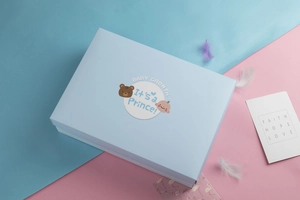 Detail view of light blue baby gift box with prince cartoon print and decorative feathers